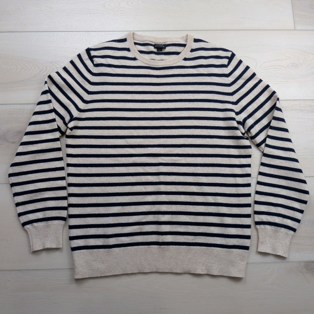 J.Crew 100% Cashmere Striped Crewneck Sweater Mens Large Cream Navy Blue J6407